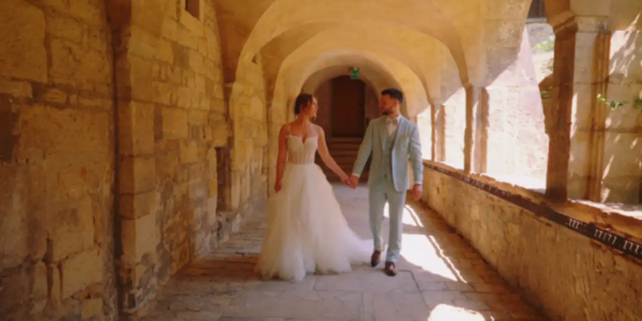 Tabea und Marcel gehen Hand in Hand durch einen Kreuzgang in Hildesheim, Standbild aus ihrem Hochzeitsfilm